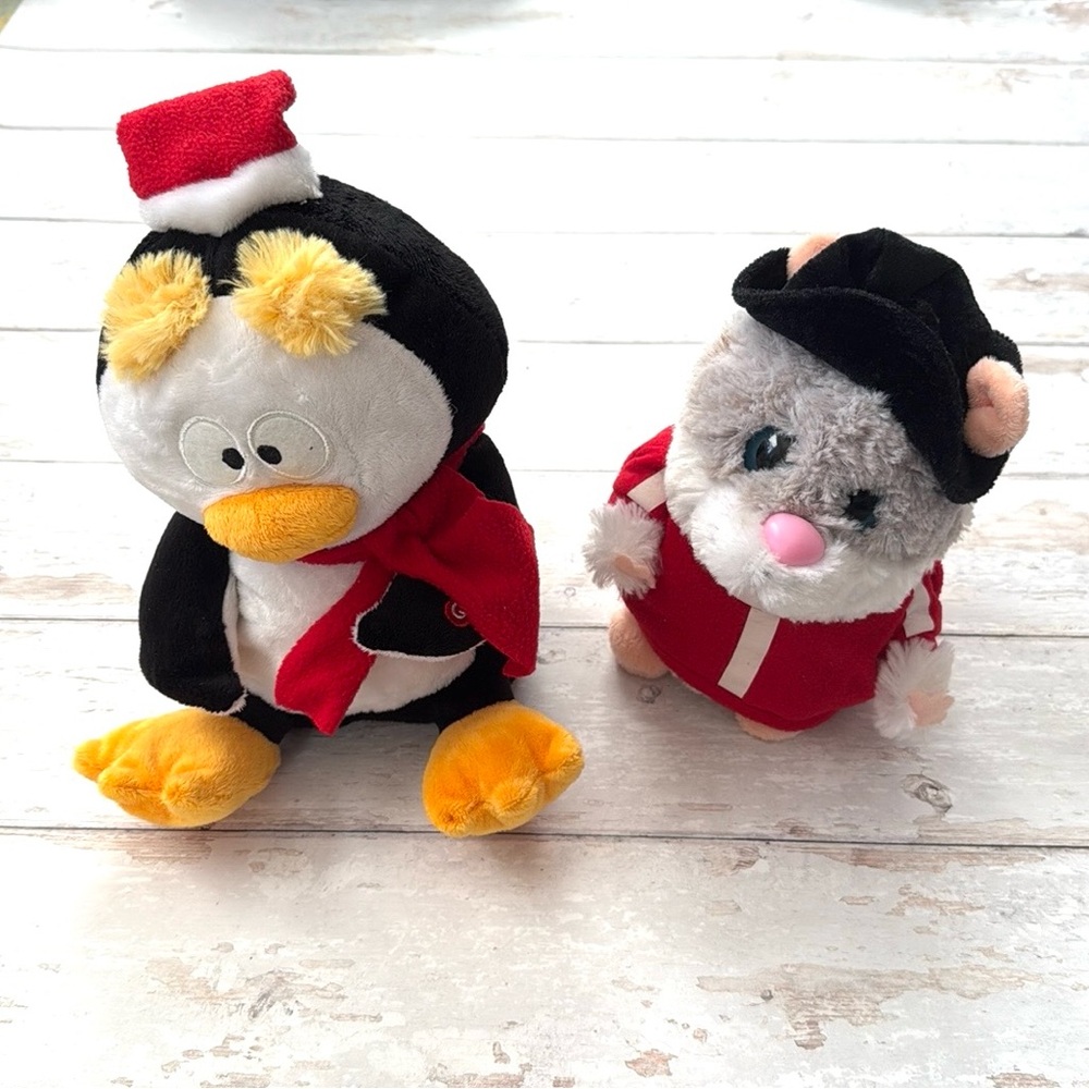 Singing Christmas Animals Toys Stuffed Animal Penguin & Mouse Set of 2 Holiday